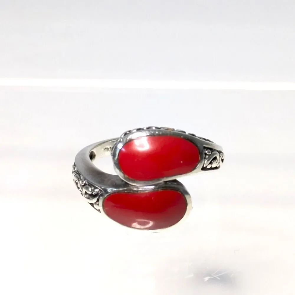 CHAPAL ZENRAY 925 Sterling Silver Vintage CORAL Bypass Ring Size 6.75-7